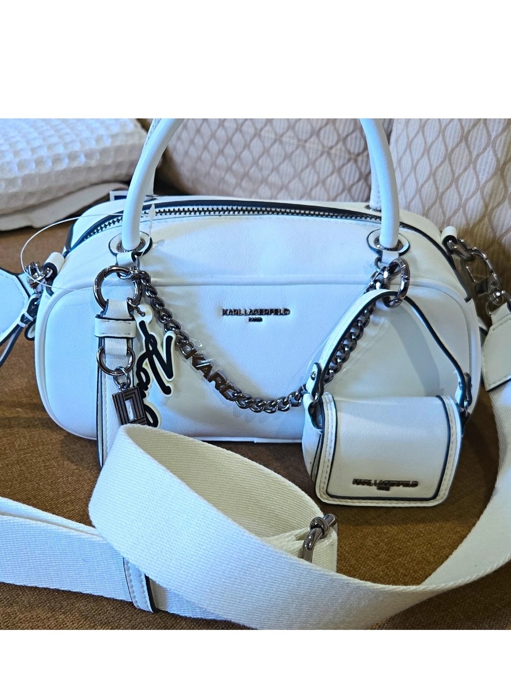 Karl Lagerfeld White Leather Dome Satchel with Strap